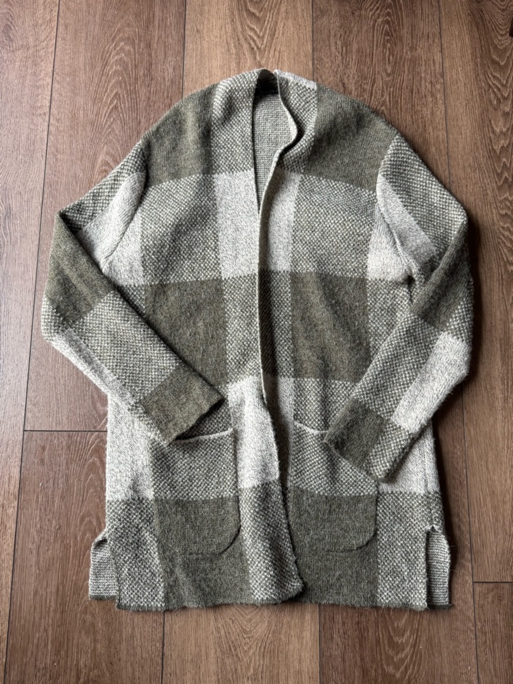 Papermoon Cozy Open-Front Plaid Cardigan - Olive & Cream